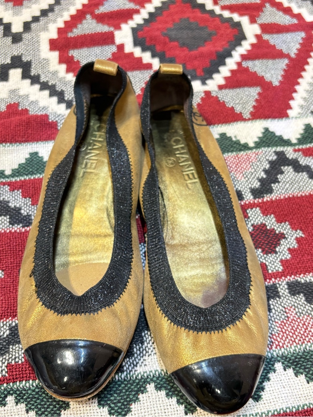 Chanel Gold and Black Cap-Toe Ballet Flats